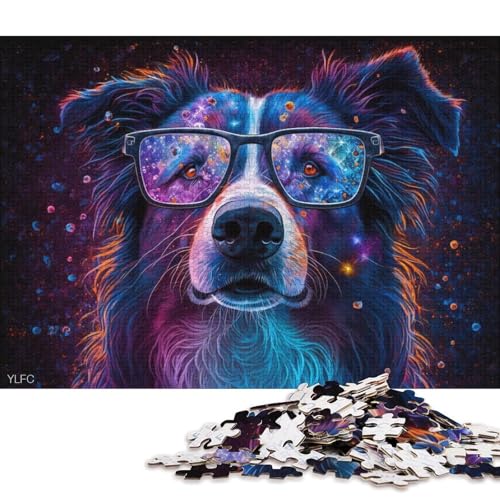 Puzzle für Erwachsene, Border Collie mit Brille, Puzzle für Erwachsene, 1000 Teile, Holzpuzzle für Erwachsene und Familien, Spielzeug, Denkspiel (Größe 75 * 50 cm) von LiJianXXXB