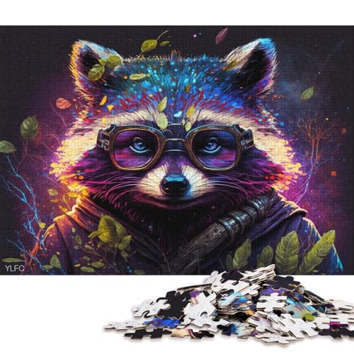 Puzzle für Erwachsene, Bunter Waschbär mit Brille, Puzzle für Erwachsene, 1000 Teile, Kartonpuzzle, geeignet für Erwachsene und Kinder ab 12 Jahren, tolles Geschenk für Erwachsene, 38 x 26 cm von LiJianXXXB