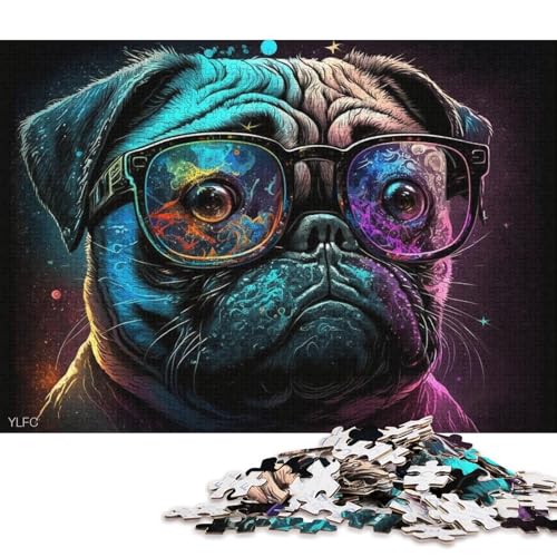 Puzzle für Erwachsene 1000 Teile, Mops mit Brille, Puzzle für Erwachsene, Holzpuzzle, interessantes Puzzle zur Stressreduzierung (Größe 75 * 50 cm) von LiJianXXXB