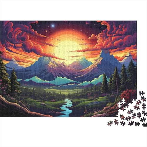 Puzzle für Erwachsene Bunte Psychedelia der Synthwave Mountains 1000-teiliges Puzzle Holzpuzzle für Erwachsene und Kinder Herausforderndes Spiel 50x75cm von LiJianXXXB