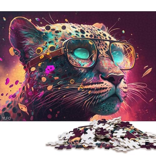 Puzzle mit 1000 Teilen, bunter Leopard mit Brille, Puzzle für Erwachsene, Holzpuzzle, Heimdekoration, 75 x 50 cm von LiJianXXXB