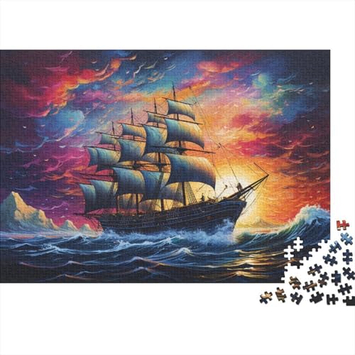 Puzzle mit 1000 Teilen, farbenfrohes psychedelisches Piratenschiff-Puzzle für Erwachsene, Holzpuzzle, Lernspielzeug, Familienspiele, 50 x 75 cm von LiJianXXXB