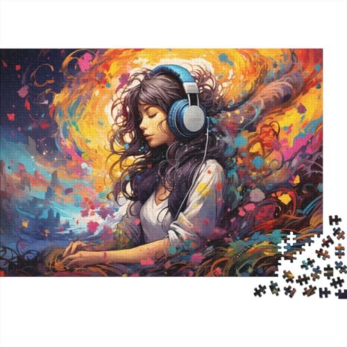 Puzzles Buntes Mädchen hört Musik Puzzles für Erwachsene 1000 Teile Holzpuzzle Geeignet für Erwachsene Für Familienspaß 50x75cm von LiJianXXXB