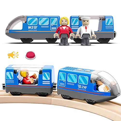 LiRiQi Eisenbahn elektrische lok Holzeisenbahn Zug, Batteriebetriebener Lokomotivzug, Leistungsstarker Motorzug kompatibel mit Thomas, Brio, Spielzeug für Kinder Kleinkind Junge, Blau von LiRiQi