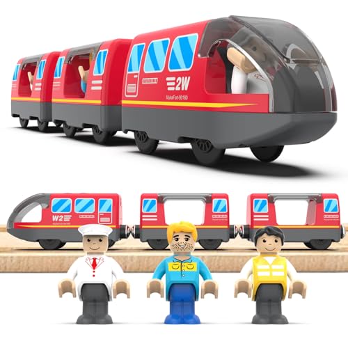 LiRiQi Eisenbahn elektrische lok Holzeisenbahn Zug Kinder, Batteriebetriebener Lokomotivzug, Motorzug kompatibel mit Thomas Brio, Geschenk Spielzeug für Junge Mädchen ab 3 Jahren, Rot von LiRiQi