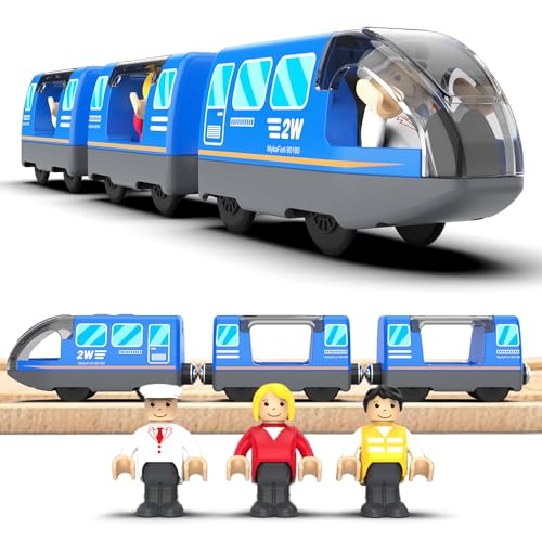 LiRiQi Eisenbahn elektrische lok Holzeisenbahn Zug Kinder, Batteriebetriebener Lokomotivzug, Motorzug kompatibel mit Thomas Brio, Geschenk Spielzeug für Junge Mädchen ab 3 Jahren, Blau von LiRiQi