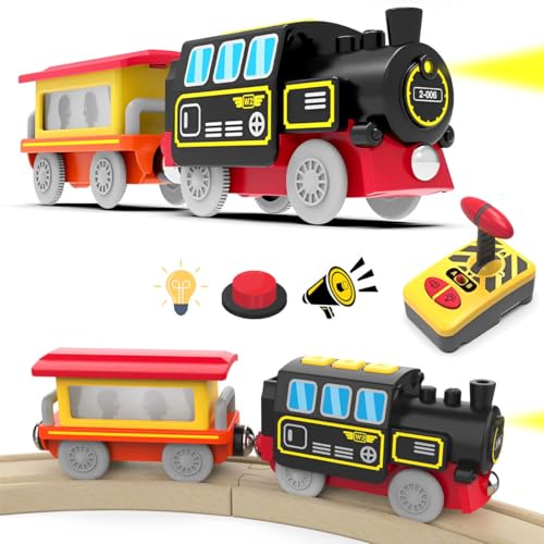 LiRiQi Holzeisenbahn Zug Ferngesteuertes, Eisenbahn Elektrische Lok Kinder, Batteriebetriebenes Zugset mit Licht und Sound, Lokomotivzug kompatibel mit Thomas, Brio, Spielzeugauto für Junge Mädchen von LiRiQi