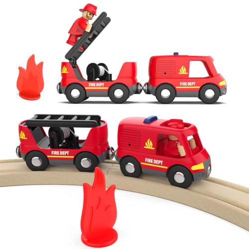 LiRiQi Holzeisenbahn Zug Feuerwehr-Löschzug, Eisenbahn Lok Kinder, Feuerwehr Leiterfahrzeug mit Licht und Sound, Zugset Spielzeug kompatibel mit Thomas, Brio, Spielzeugauto für Kleinkind Junge Mädchen von LiRiQi