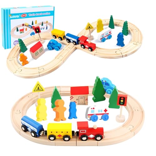 LiRiQi Holzeisenbahn Zug Set, 33 teiliges Magneteisenbahn-Holzschienen Set, Züge Eisenbahn Anfängerset Kompatibel mit Brio Thomas, Spielzeugauto Geschenke Spielzeug für Kleinkinder Jungen Mädchen von LiRiQi