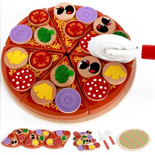 LiRiQi Pizza-Set Zubehör aus Holz für Kinderküche und Kaufladen, Holzpizza für Kinder ab 2 Jahre, Spielküche Pizza-Schneidespielzeug Pädagogisches Rollenspiel Lernspielzeug Geschenk für Jungen Mädchen von LiRiQi