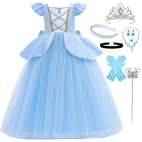 LiUiMiY Cinderella Kleid Mädchen Prinzessin Aschenputtel Kostüm Kinder Fasching Cosplay Geburtstag Party Verkleidung mit Zubehör, 134-140(Etikett 140) von LiUiMiY