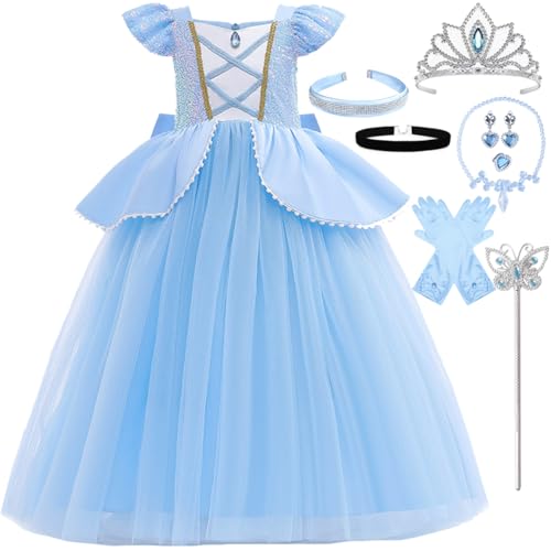 LiUiMiY Cinderella Kleid Mädchen Prinzessin Aschenputtel Kostüm Kinder Fasching Cosplay Geburtstag Party Verkleidung mit Zubehör, 146-152(Etikett 150) von LiUiMiY