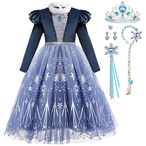 LiUiMiY Eiskönigin Elsa Kleid Mädchen Eisprinzessin Kostüm Kinder Langarm Schneekönigin Verkleidung Geburtstag Party Fasching Halloween Karneval Blau, 104-110(Etikett 110) von LiUiMiY