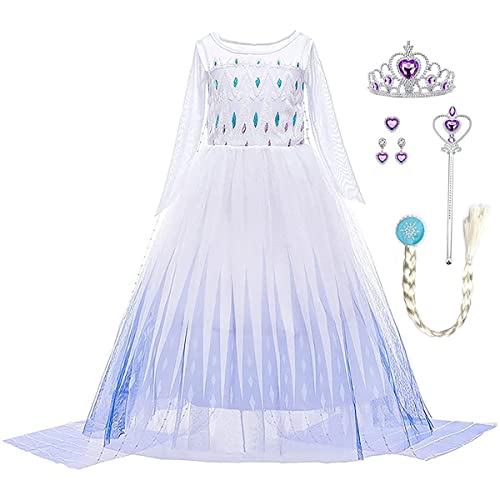 LiUiMiY Eiskönigin Prinzessin Elsa Kostüm Mädchen Kleid Karneval Verkleidung Party Geburtstagsfeier Halloween Fest Cosplay mit Zubehör, Weiß, 116-122 (Etikett 120) von LiUiMiY