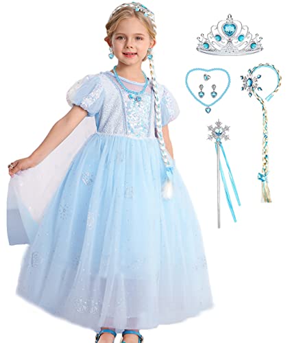 LiUiMiY Elsa Kostüm Mädchen Kinder Eiskönigin Blau Kleid Kurzarm Verkleidung Eisprinzessin Geburtstag Party Fasching Halloween Karneval mit Zubehör, 104-110(Etikett 110) von LiUiMiY