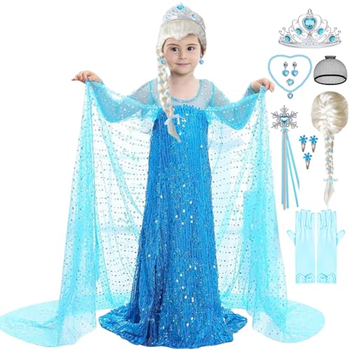 LiUiMiY Elsa Kostüm Mädchen Prinzessin Eiskönigin Fasching Kleid Kinder für Karneval Halloween Geburtstag Party, 134-140(Etikett 140) von LiUiMiY