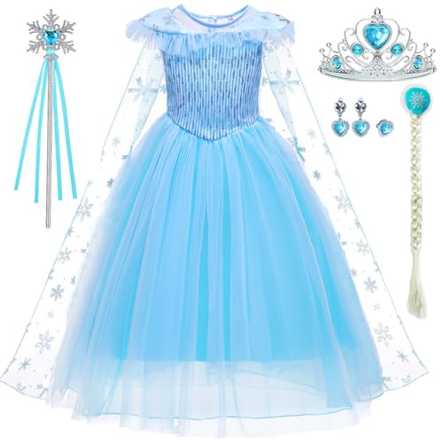 LiUiMiY Elsa Prinzessin Kostüm Mädchen Eiskönigin Kleid Karneval Langarm Verkleidung Party Geburtstagsfeier Halloween Weihnachten Fest, Blau, 104-110 (Etikett 110) von LiUiMiY