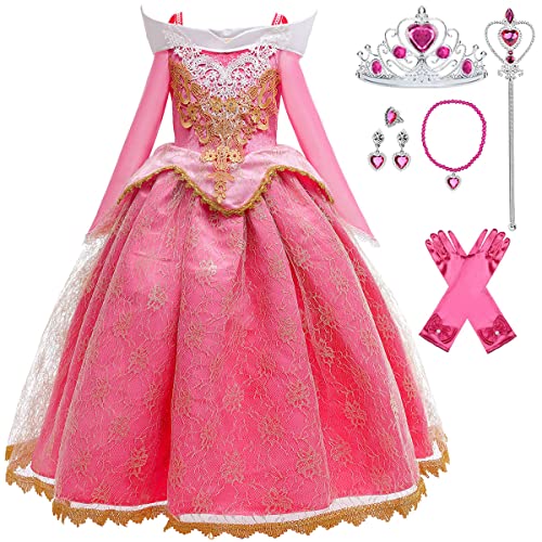 LiUiMiY Mädchen Dornröschen Kostüm Aurora Kleid Kinder Rosa Langarm Geburtstag Party Verkleidung Fasching Halloween Karneval, Rosa, 116-122(Etikett 120) von LiUiMiY