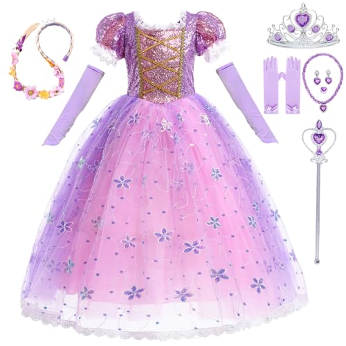 LiUiMiY Mädchen Prinzessin Kostüm Kinder Rapunzel Kleid Verkleidung Kurzarm Geburtstag Party Halloween Fasching Karneval, Violett, 134-140(Etikett 140) von LiUiMiY