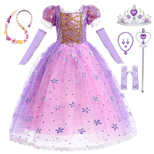 LiUiMiY Mädchen Prinzessin Kostüm Kinder Rapunzel Kleid Verkleidung mit Zubehör Kurzarm Geburtstag Party Halloween Fasching Karneval, Violett mit Zubehör, 128-134(Etikett 130) von LiUiMiY