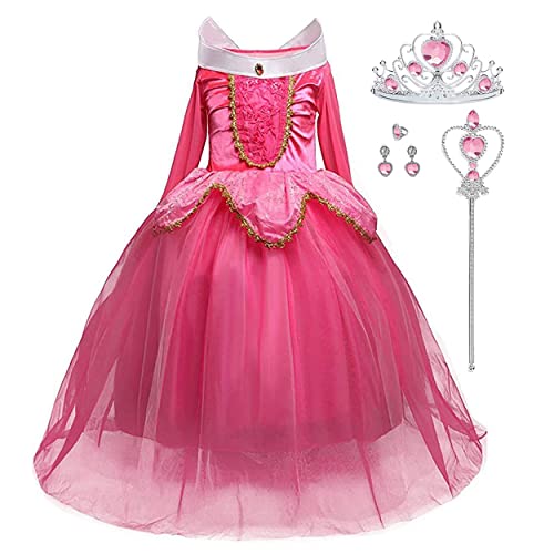 LiUiMiY Prinzessin Mädchen Kostüm Kinder Baby Halloween Karneval Weihnachten Cosplay Geburtstagsfeier mit Zauberstab Krone, Rosa, 128-134 (Etikette 130) von LiUiMiY