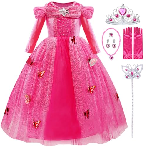 LiUiMiY Prinzessin Kostüm Mädchen Kleider Karneval Langarm Verkleidung Party Geburtstagsfeier Halloween Fest mit Zubehör, Rosa mit Handschuhen, 104-110 (Etikett 110) von LiUiMiY