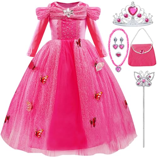 LiUiMiY Prinzessin Kostüm Mädchen Kleider Karneval Langarm Verkleidung Party Geburtstagsfeier Halloween Fest mit Zubehör, Rose, 104-110 (Etikett 110) von LiUiMiY