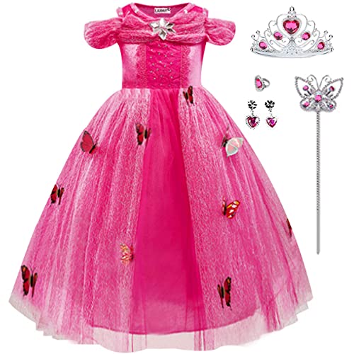 LiUiMiY Prinzessin Kostüm Mädchen Kleider Karneval Langarm Verkleidung Party Geburtstagsfeier Halloween Fest mit Zubehör, Rose-B, 128-134 (Etikett 130) von LiUiMiY