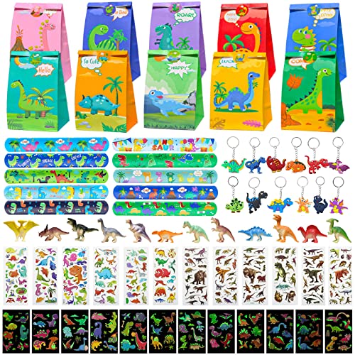 Dino Party Mitgebsel Kindergeburtstag, Party Gastgeschenke Kinder, Give Aways Kindergeburtstag Jungen mit Dino Schlüsselanhänger Schnapparmband Geschenktüte Mini Dinos Figuren und Tattoo Aufkleber von Liangding