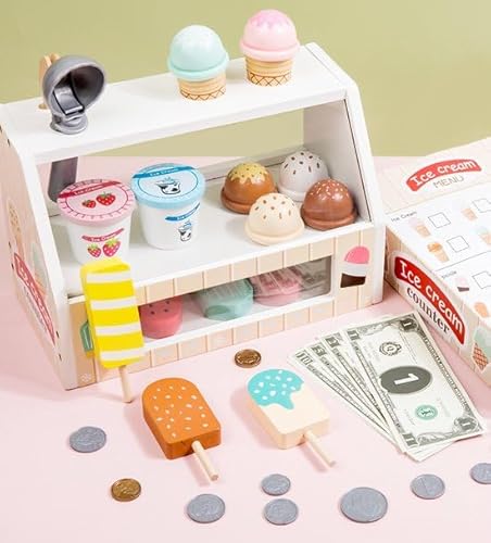 Holz Ice Cream Counter Spielset, 6 Geschmacksrichtungen, Zubehör, Spielgeld, 25 x 17 x 15 cm von LiasToys