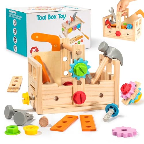 Liberry Werkzeug Set Werkzeugkoffer Kinderspielzeug ab 2 3 4 5 Jahre, 30 Teile Holzspielzeug mit Werkzeugkasten, Lernspiele BAU-Spielzeug Geburtstag Geschenk für Mädchen Jungen von Liberry