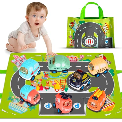 Spielzeugautos ab 1 Jahr, 7-Teilige Mini-Kinderspielautos für Babys, Cartoon Lastwagen Auto Spielzeug mit Spielmatte, Weihnachtsgeburtstagsgeschenk für Kleinkinder im Alter von 1 bis 3 Jahren von Libershine