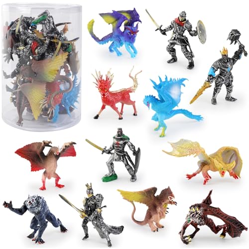 Liberty Imports 12er Pack: Mittelalterliche Ritter & Fantasy Drachen Figuren Set - Fabelwesen mit Rittern, Drachen, Wyvern, Griffin und mehr - Mini-Spielzeugfiguren für Kinder von Liberty Imports