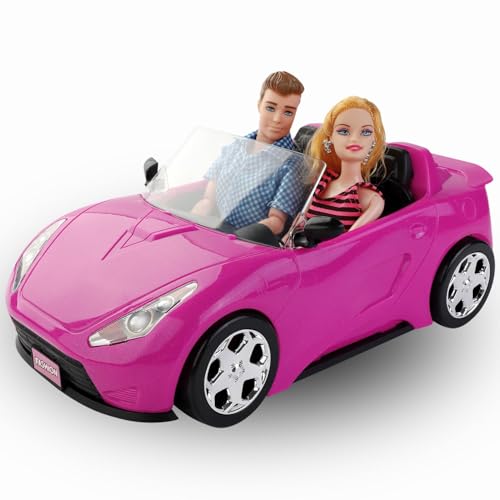 Puppengröße Rosa Auto Cabrio 2-Sitzer Fahrzeug Puppenzubehör mit 2 Puppen enthalten - Sicherheitsgurte, Rollräder (Kompatibel mit Barbie) von Liberty Imports