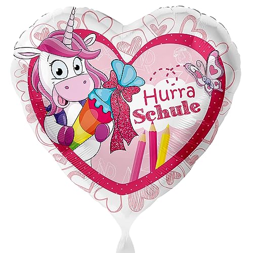 Folienballon Hurra Schule Einhorn Schultüte Herz Luftballon zum Schulanfang Geschenk Schulkind Mädchen Einschulung Schulbeginn, Made in Germany & USA von Libetui