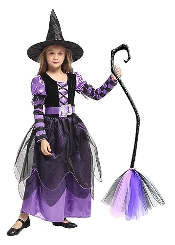 Hexe Halloween Kostüme für Mädchen Märchen Karneval Cosplay Kleid mit Hut und Besen Lila 4-6 Jahre von Licus