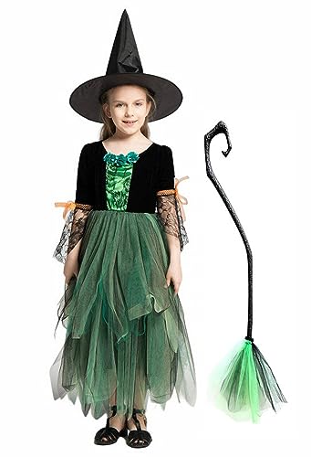 Licus Hexe Halloween Kostüme für Mädchen Märchen Karneval Cosplay Kleid mit Hut und Besen Grün 10-12 Jahre von Licus