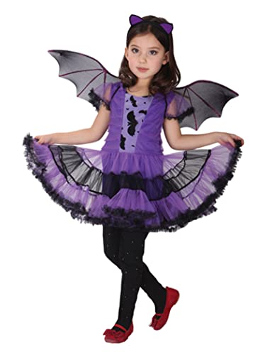 Licus Kostüm Fledermaus Mädchen Halloween Kostüm mit Flügeln Halloween Kinder Karneval Party Kleid Tutu (lila, 4-6 Jahre) von Licus