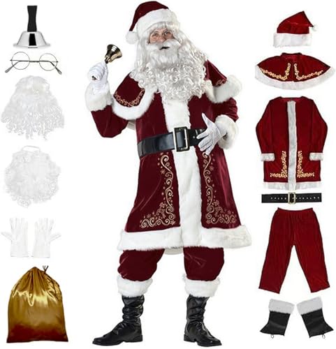 Licus Weihnachtsmann Kostüm Deluxe für Männer Erwachsene, 12-Teilig Nikolauskostüm Santa Claus-Erwachsenenkostüm Cosplay Party Karneval (Weihnachtsrot, 2XL) von Licus