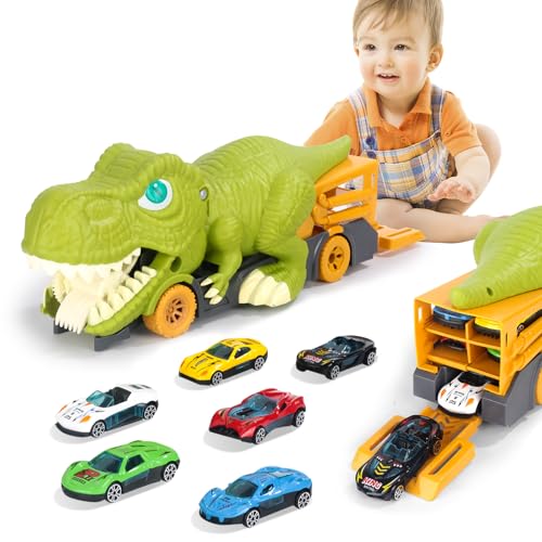 Lidasen Dinosaurier Schluck LKW Spielzeug für Kinder, Monster Tyrannosaurus Rex Transportauto Spielzeug mit 6PCS Mini Auto, Szenenaufbewahrung, Fahrzeuggeschenk für Jungen und Mädchen ab 3 Jahren von Lidasen