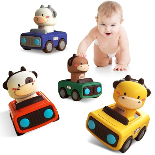 Lidasen Tierautospielzeug für Kleinkinder, 4 Stück Drücken und Loslegen Spielzeugautos für Kinder ab 18 Monaten+, Baby Cartoon Aufziehautos, Push-Go-Reibungsauto Sets für Jungen Mädchen Geschenke von Lidasen