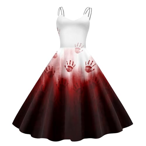 Blitzangebote Outlet, Halloween Kostüm Damen mit Blutigem Aufdruck Retro Mittelalter Kleidung Damen Temperament Ärmelloser Schnüren Kleider Gebundene Taille Tunikakleider Festlich Gastkleider von Lidssacde