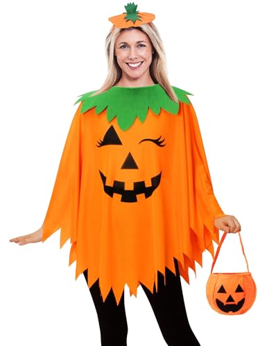 Lidssacde 3PCS Halloween Kostüm Damen Kürbis, Halloween Kostüm Damen Kürbis Kostüm Damen, Kürbis Orange Poncho Outfit Mit Kürbisse Hut ＆ Tasche, Kürbis Kostüm Erwachsene von Lidssacde