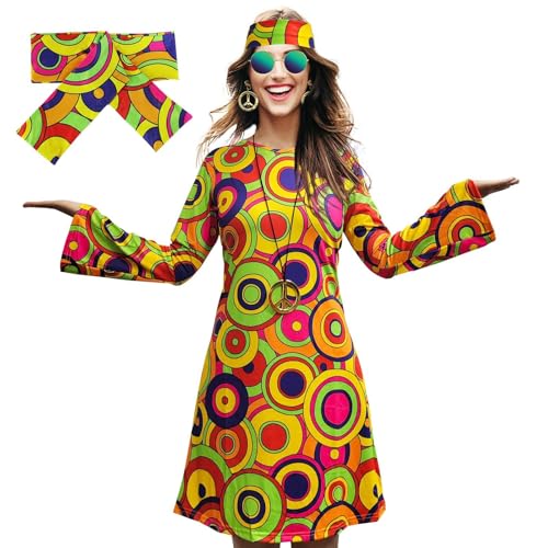 Lidssacde Damen-Hippie-Kleid, 1970er-Kostüm, Disco-Outfit, 1960er-Party-Kostüm, Halloween Retro-Kleid, 70er Jahre Kostüm Damen Faschings Kostüm kleid, Hippie Kleidung Damen Kostüm für Karneval Party von Lidssacde