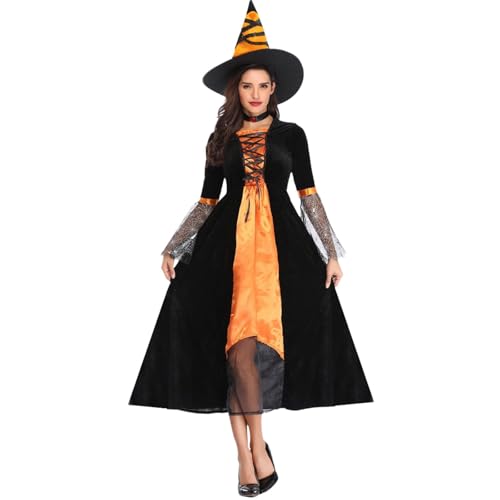 Lidssacde Halloween Kostüm Damen Mittelalter Hexenkostüm Gruselig Karneval Kostüm Halloween Kostüm Cosplay Gothic Kleidung Schwarz Black Witch von Lidssacde