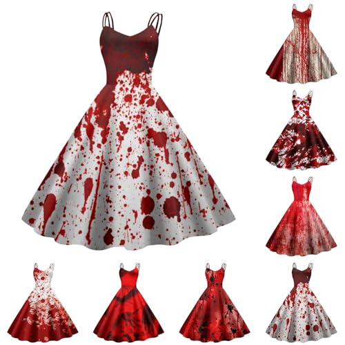 Lidssacde Halloween Kostüm Damen mit Blutigem Aufdruck Retro Mittelalter Kleidung Damen Temperament Ärmelloser Schnüren Kleider Gebundene Taille Tunikakleider Festlich Gastkleider von Lidssacde