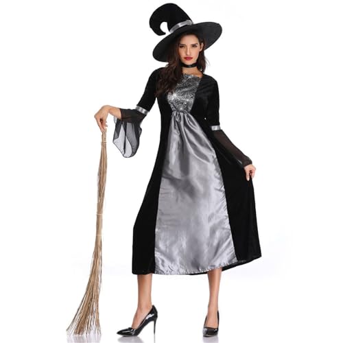 Lidssacde Hexenkostüm Damen Halloween Karneval Kostüm Gruselig Hexenkostüm Mittelalter Gothic Kleidung Cosplay Kostüm Schwarz Black Witch von Lidssacde