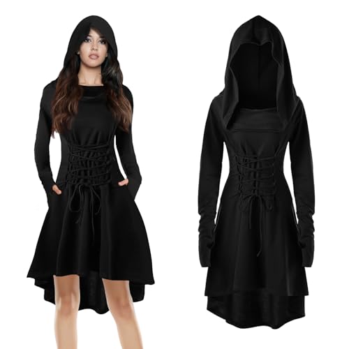 Gothic Mittelalter Kleid Damen: Renaissance mit Kapuze Kleid Rock Damenkostüm Cosplay für Karneval Halloween (schwarz, M) von Lieberpaar