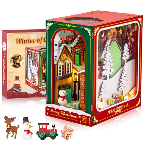 DIY Book Nook, Holzpuppenhaus Weihnachts Set, DIY Miniatur Puppenhäuser Kits mit LED-Licht, Weihnachtsstraßen und Innenszenen, 3D Puzzle Miniaturmodell Hütte, Kreative Geschenke für Weihnachten von Lieberwell