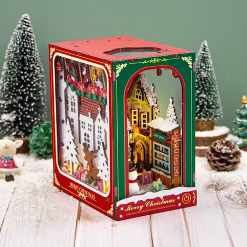 DIY Book Nook, Holzpuppenhaus Weihnachts Set, DIY Miniatur Puppenhäuser Kits mit LED-Licht, Weihnachtsstraßen und Innenszenen, 3D Puzzle Miniaturmodell Hütte, Kreative Geschenke für Weihnachten von Lieberwell